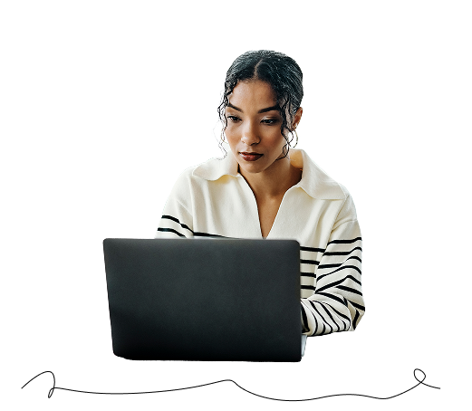Woman sitting down using a laptop to access the MERIX eXplore broker portal